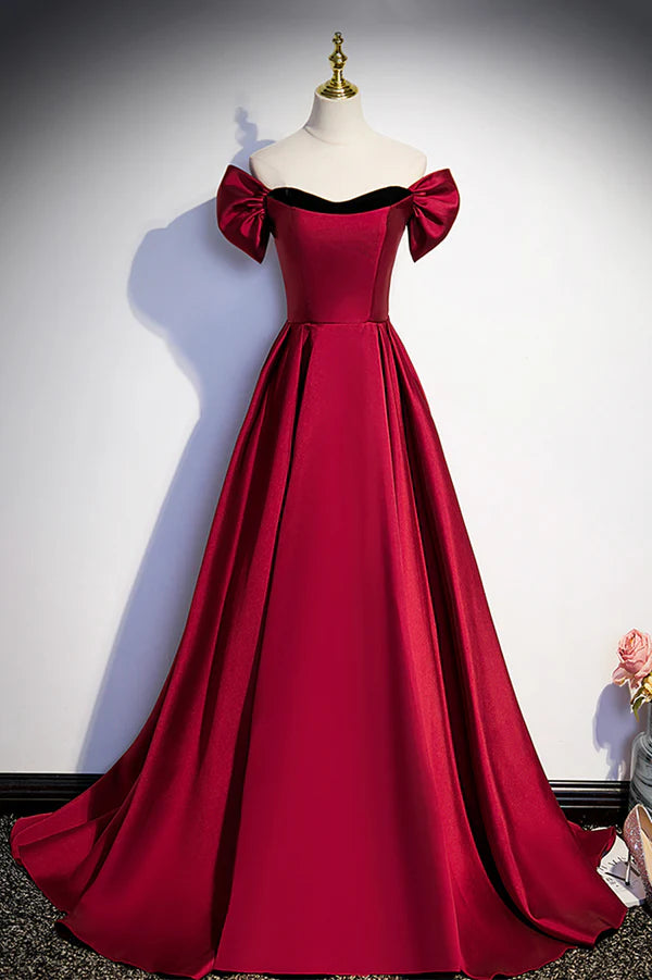 Wholesale Burgundy Satin Long Prom Dress Simple A-Line Evening Party Dress